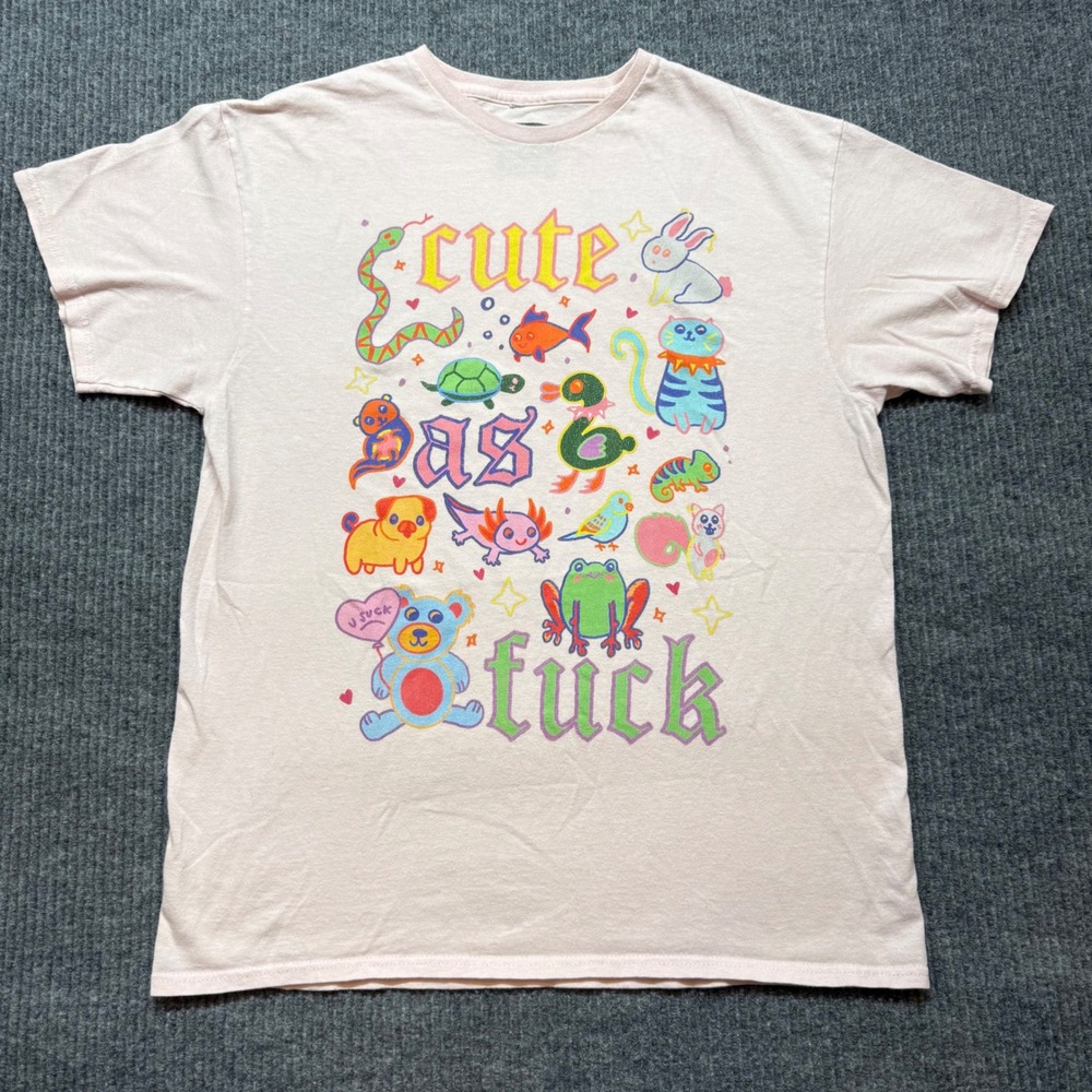 Teen Hearts Cute AF Kidcore Weirdcore Graphic Tee Womens Large Pink Animals
